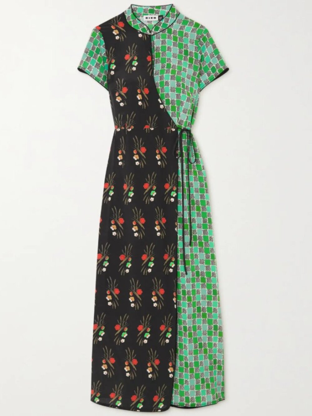 RIXO 100% Silk 'Carole' Patchwork Printed Silk Midi Wrap Dress Size XL